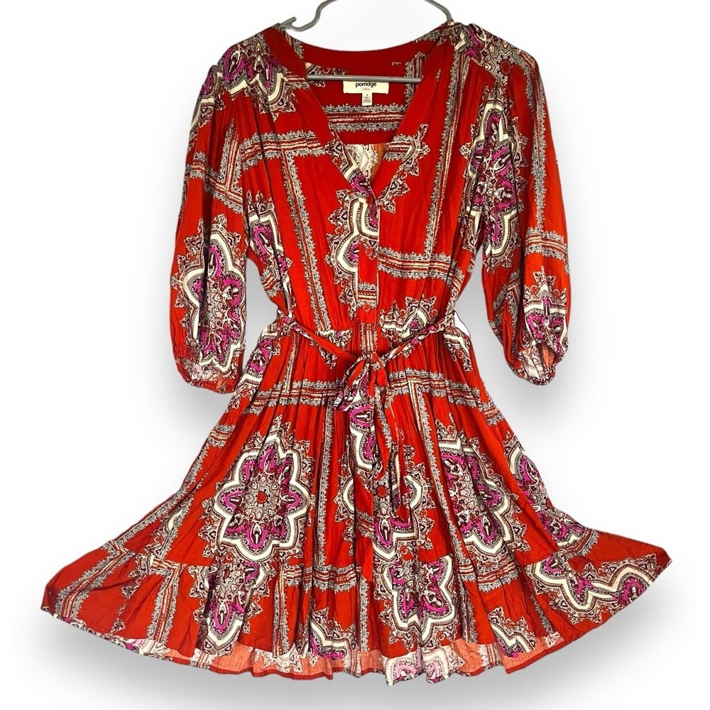 Anthropologie Porridge Isabel Scarf Print Puff Sleeve Belted Mini Dress Size S - Picture 2 of 7